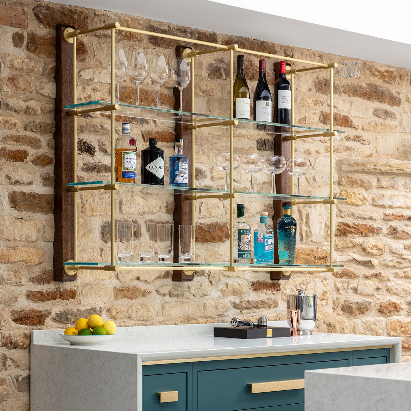 Geometric Grid Brass Wall-mounted Bar Shelving Unit