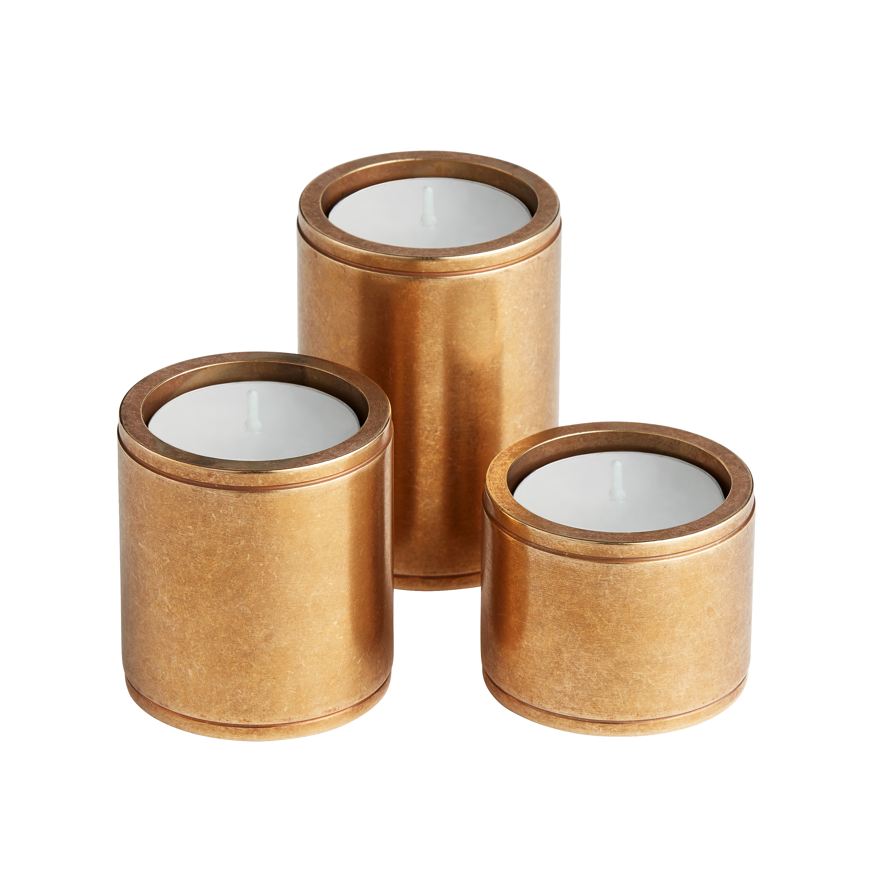 Ringed Cylindrical Set of Three Brass Tealight Holders